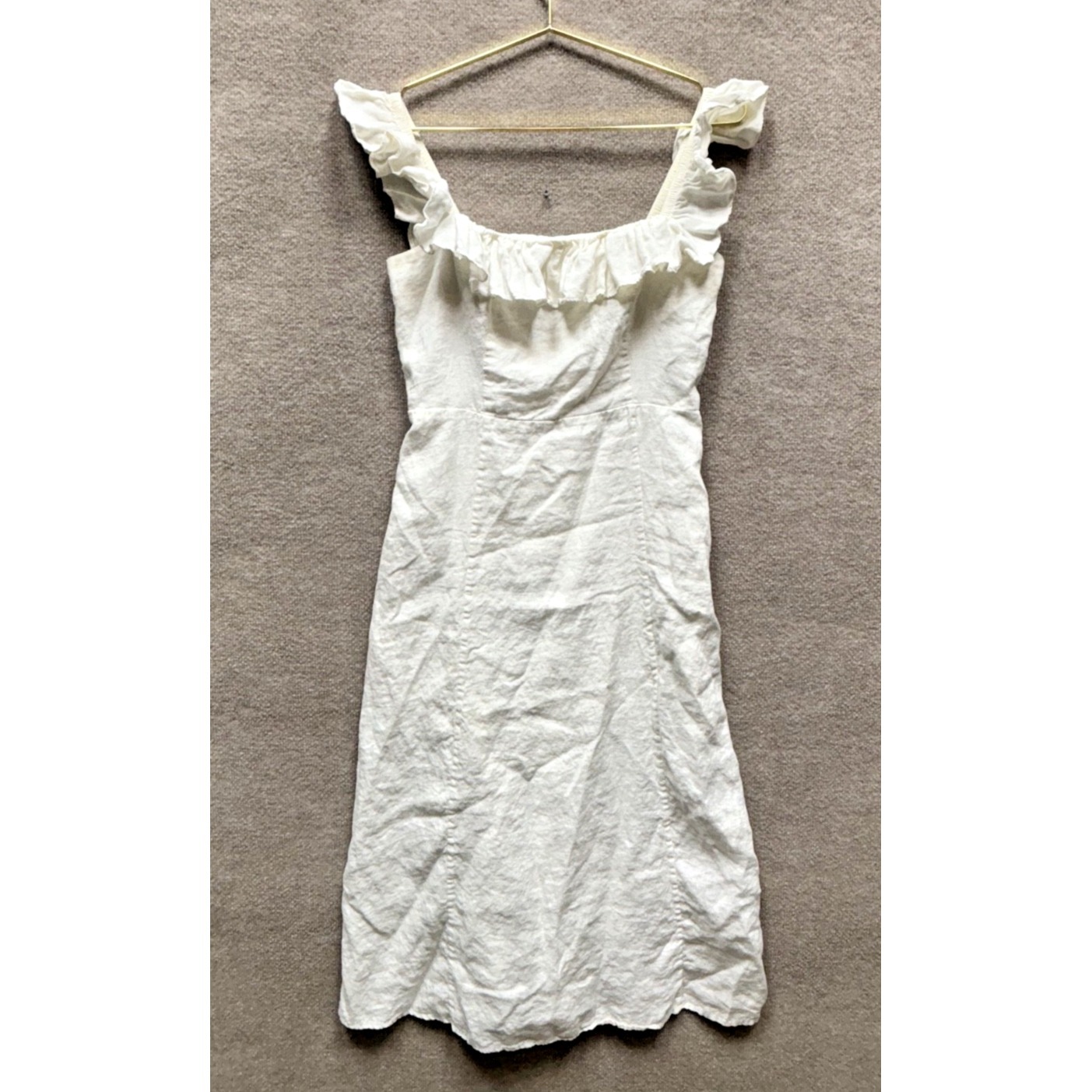 & Other Stories Ruffle Flutter Linen Midi Dress Womens 8 Cream Cottage Boho Euc